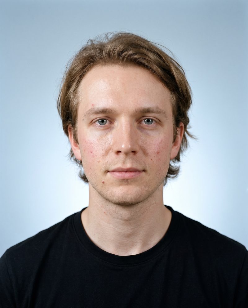 KI-Visualisierung, Ebene Brauen: derselbe Mann nur mit gepflegten Augenbrauen; Haar, Haut und Bart unverändert, frontal vor graublauem Hintergrund