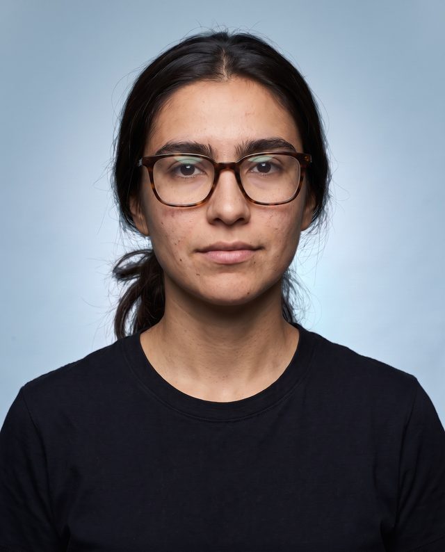 KI-Visualisierung, Projektion: dieselbe Frau mit passender, weich-eckiger Havanna-Brille und gepflegten Augenbrauen, frontal vor graublauem Hintergrund