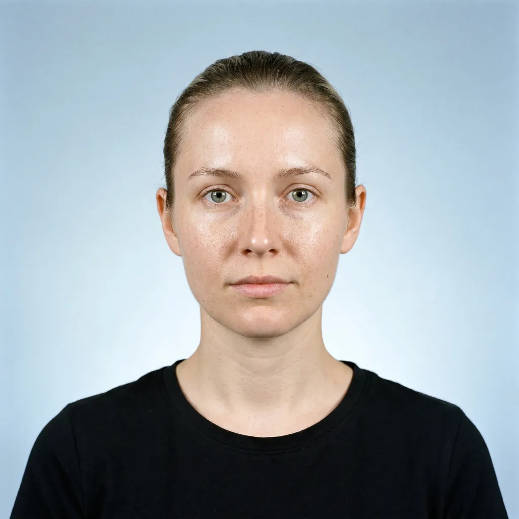 KI-generiertes Modellbild: fiktive Frau mit zurückgebundenem Haar, frontal vor hellblauem Hintergrund, mit eingezeichneten Messlinien